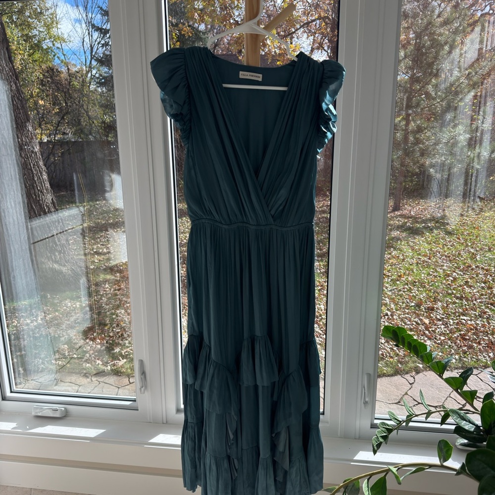 Ulla Johnson Plunge Neckline Midi Dress Teal Ruffle Hem Size XS / US 2 - Picture 2 of 6